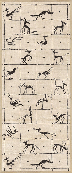 Menagerie Panel II wall art featuring black animal silhouettes on a beige background.