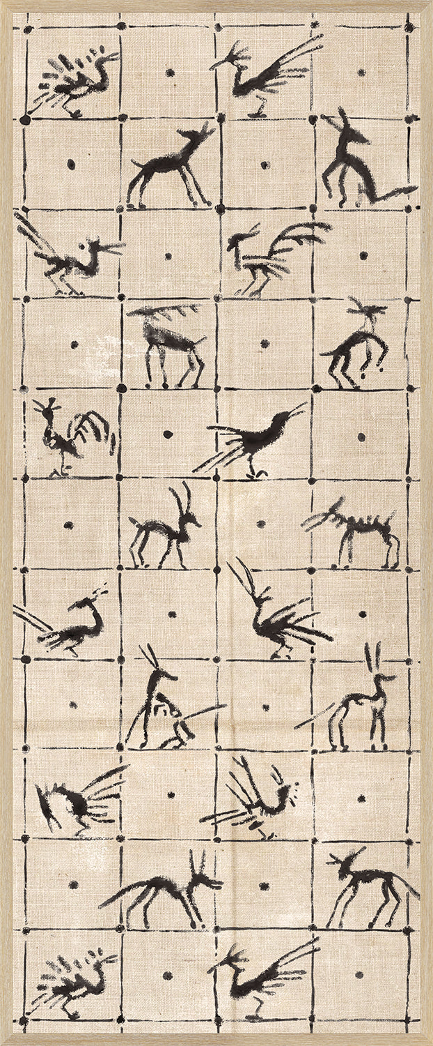Menagerie Panel IV wall art featuring black animal and bird silhouettes on a beige background.