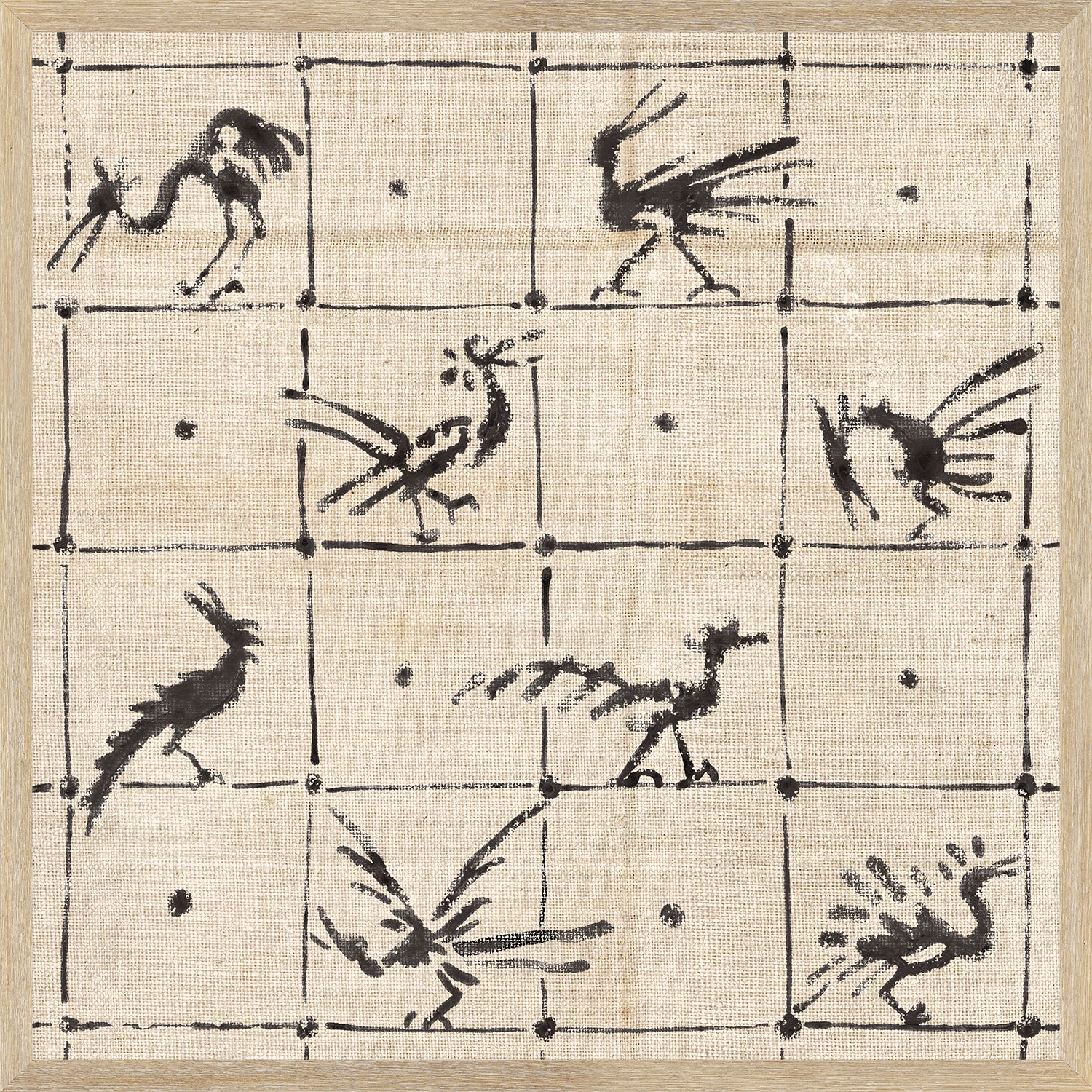 Menagerie Square – Birds wall art featuring black bird illustrations on a beige background.
