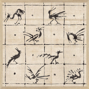 Menagerie Square – Birds wall art featuring black bird illustrations on a beige background.