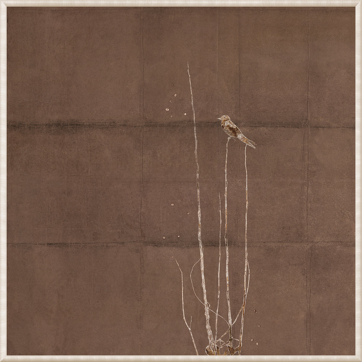 Fleeting Moment I wall art featuring a bird perched on tall branches against a brown background.