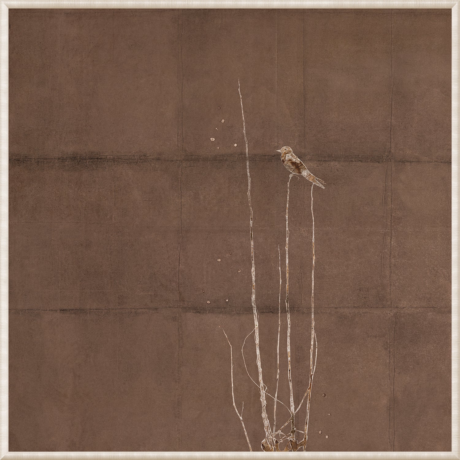 Fleeting Moment I wall art featuring a bird perched on tall branches against a brown background.