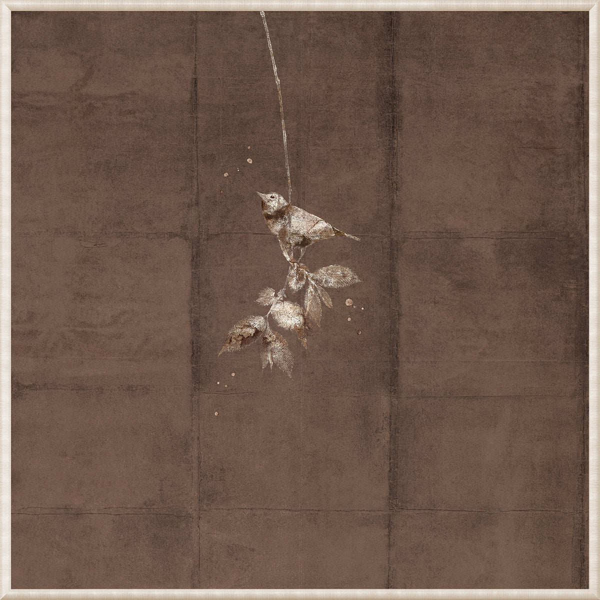 Fleeting Moment II wall art featuring a bird and leaves on a textured brown background