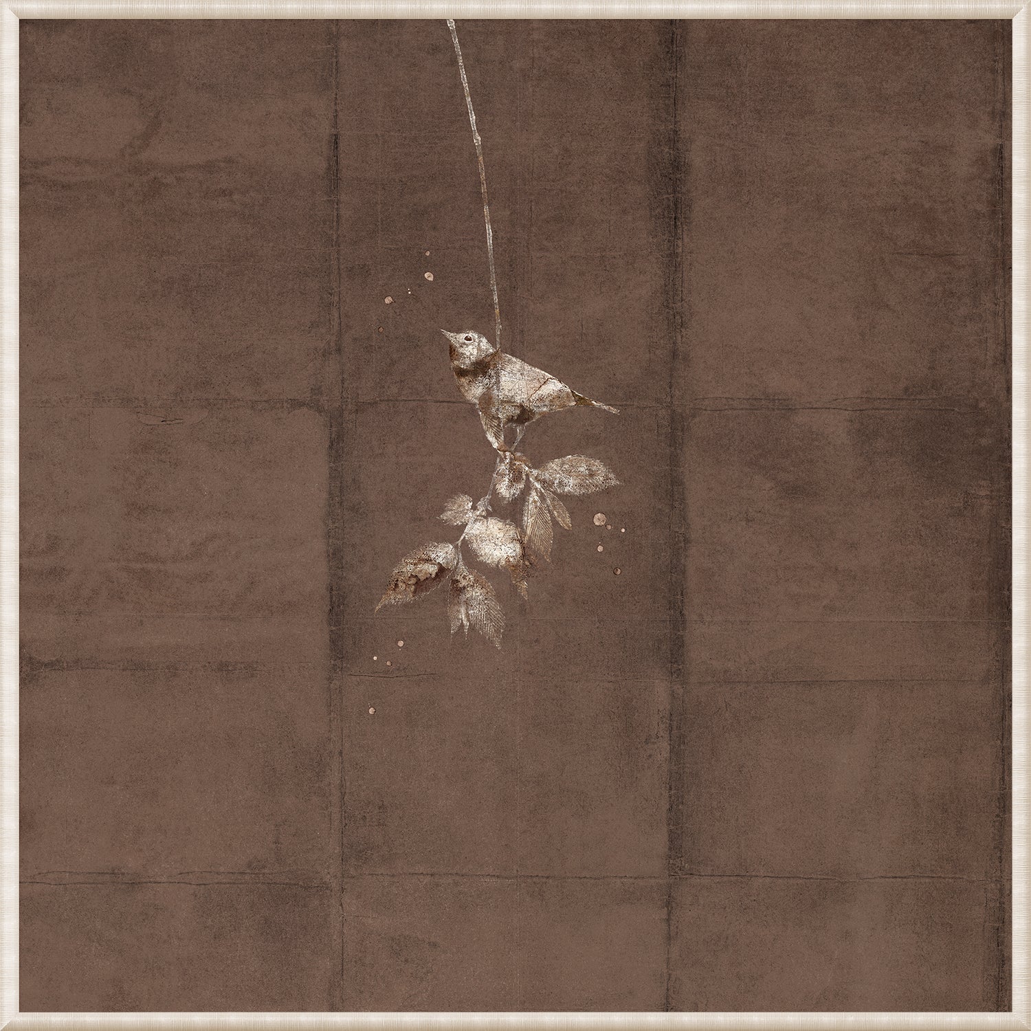 Fleeting Moment II wall art featuring a bird and leaves on a textured brown background