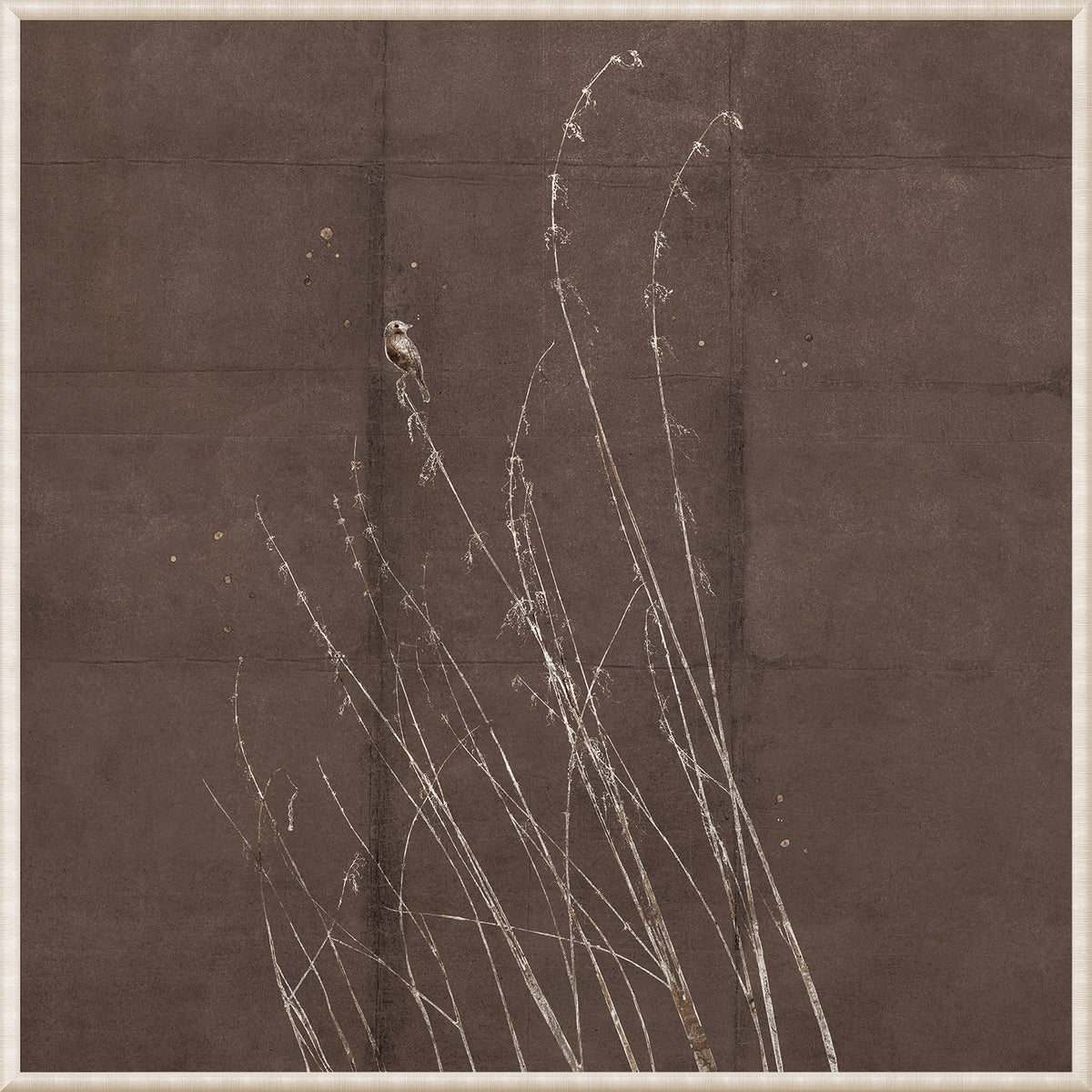 Fleeting Moment IV wall art featuring a bird on delicate white branches against a brown background.
