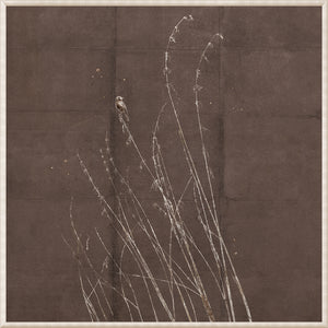 Fleeting Moment IV wall art featuring a bird on delicate white branches against a brown background.