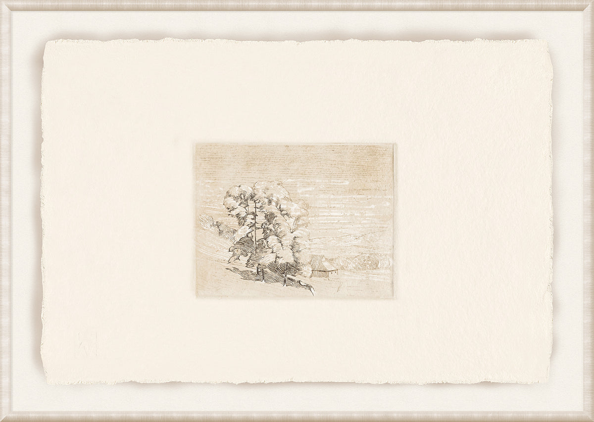 Petite View I wall art featuring a soft, muted landscape with trees and a house, framed in textured cream.