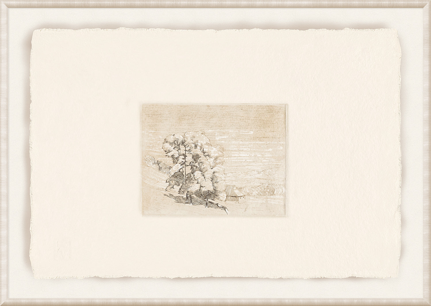 Petite View I wall art featuring a soft, muted landscape with trees and a house, framed in textured cream.