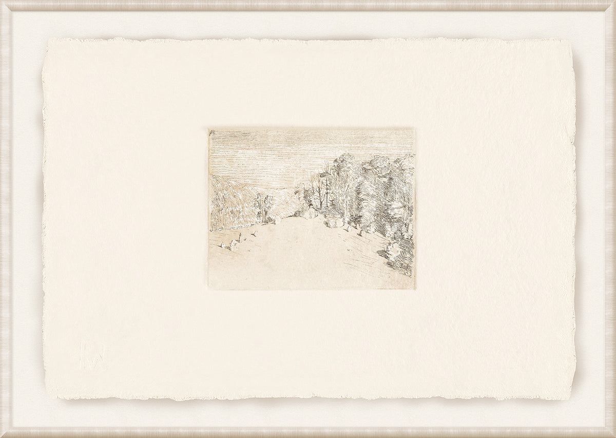 Petite View II wall art featuring a delicate landscape sketch in muted tones on textured paper.