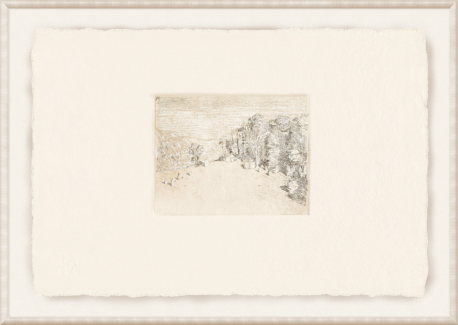Petite View II wall art featuring a delicate landscape sketch in muted tones on textured paper.