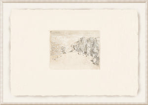 Petite View II wall art featuring a delicate landscape sketch in muted tones on textured paper.