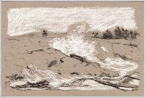 Plein Air Seascape II wall art featuring a textured seascape in neutral tones with waves and rocky shore.