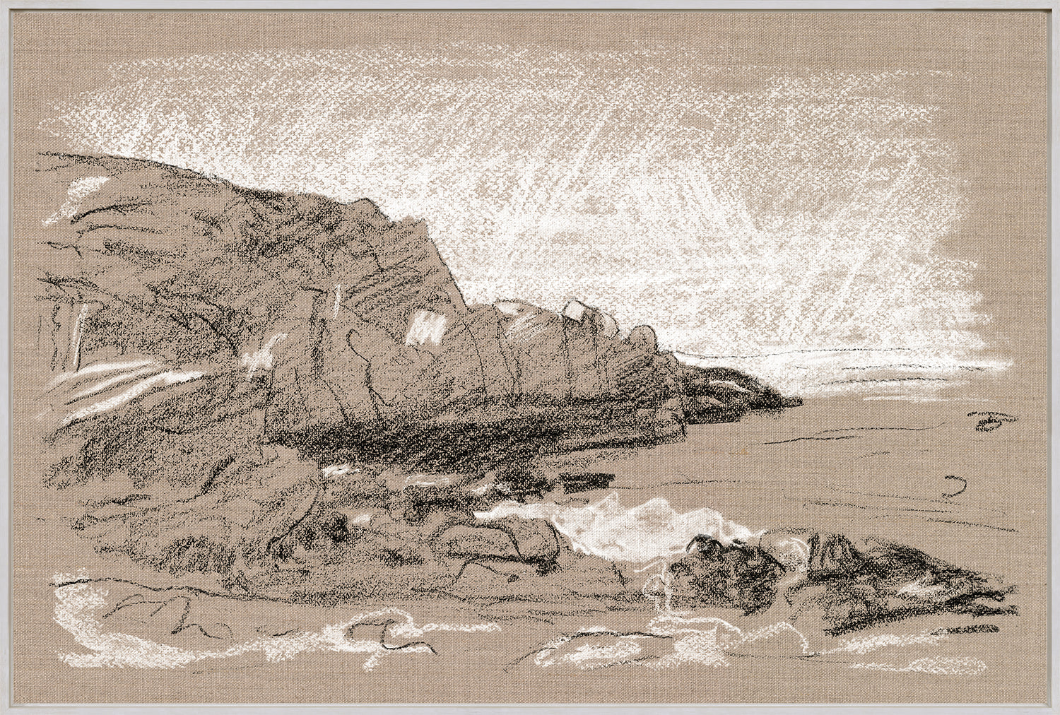 Plein Air Seascape III wall art featuring a coastal landscape with rocky cliffs and ocean waves, in neutral tones.