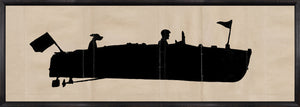 Runabout Silhouette wall art featuring a black silhouette of a boat with figures against a beige background.
