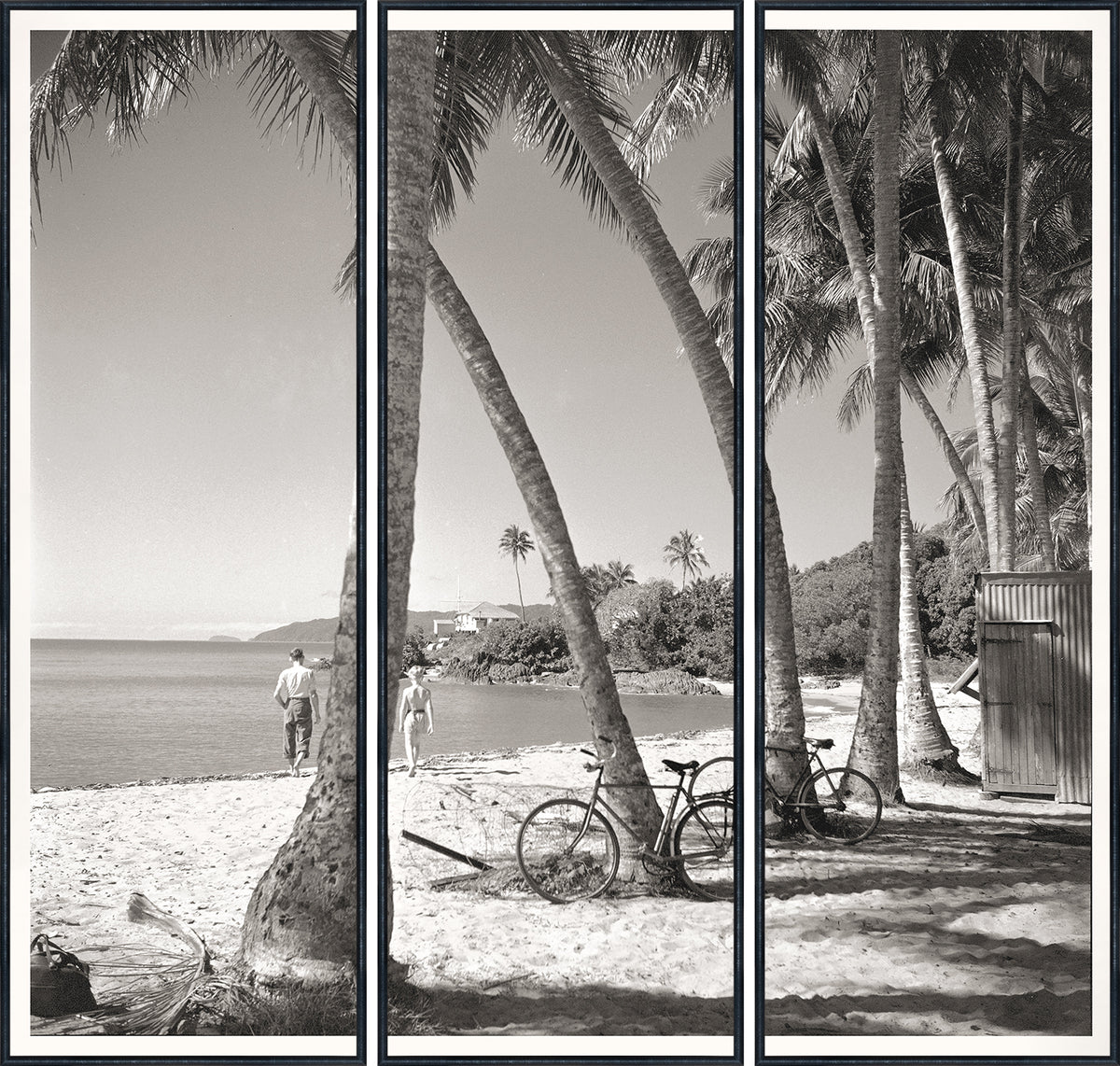 Nostalgia Collection – At the Beach C. 1959, black and white triptych of beach scene with palm trees and figures walking.