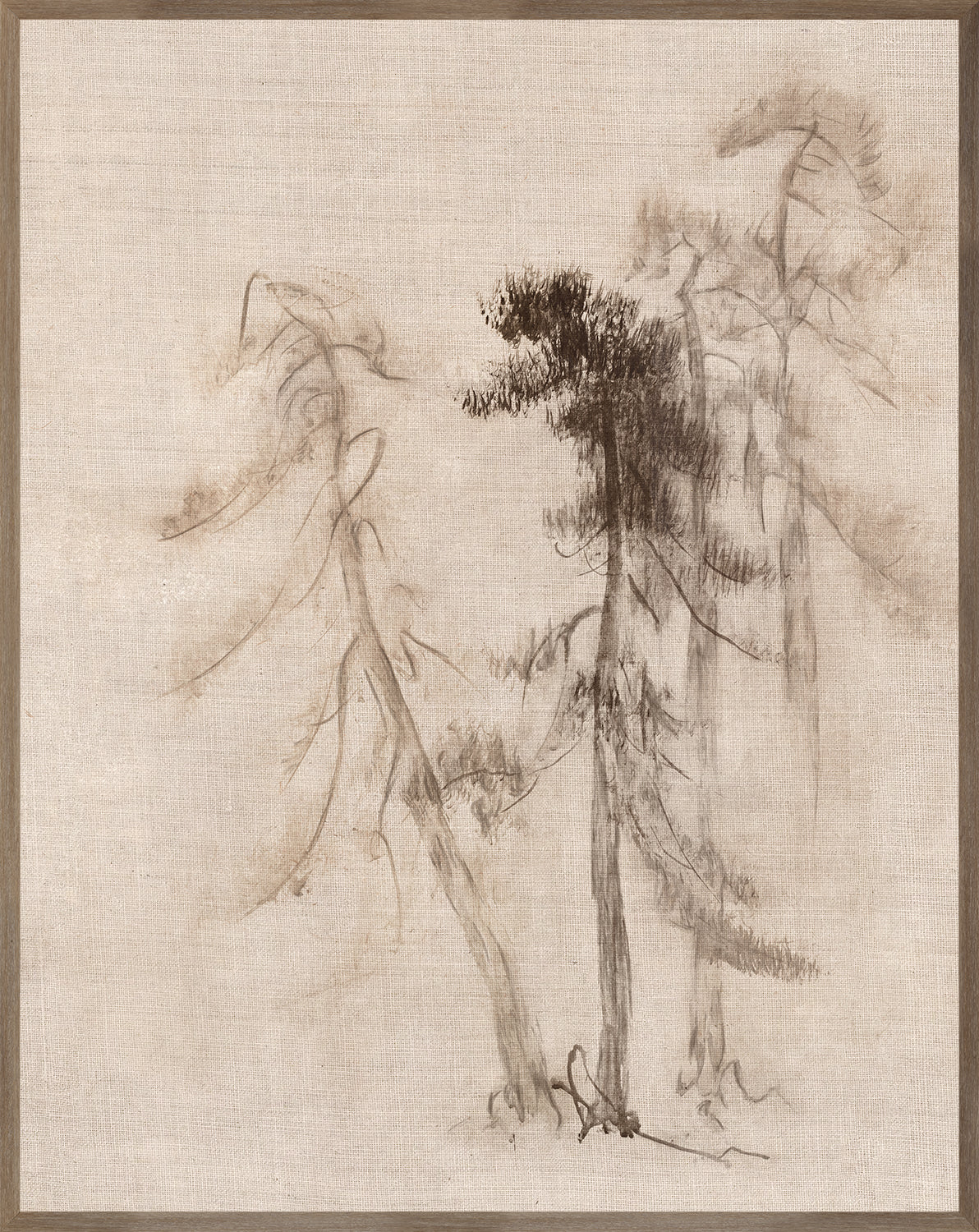 Ink Wash Pines I wall art featuring soft ink wash trees on a textured beige background