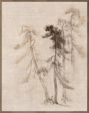 Ink Wash Pines I wall art featuring soft ink wash trees on a textured beige background