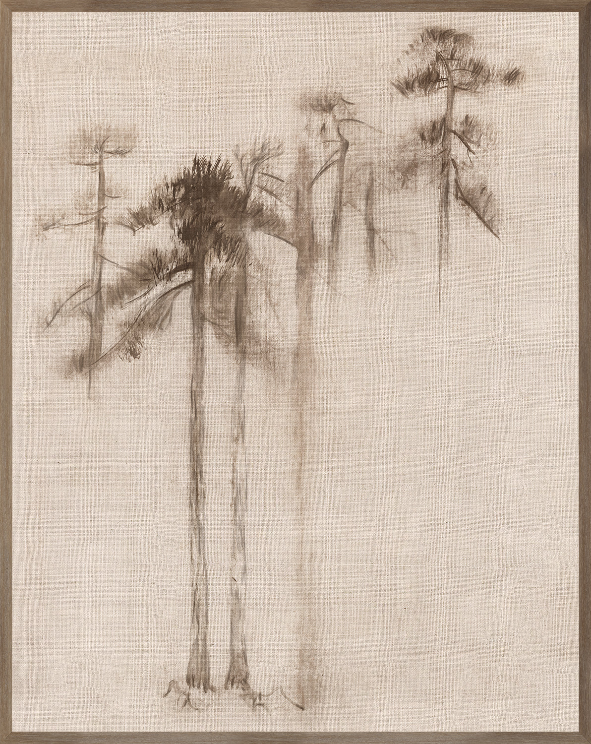 Ink Wash Pines II wall art featuring delicate ink trees on a textured beige background