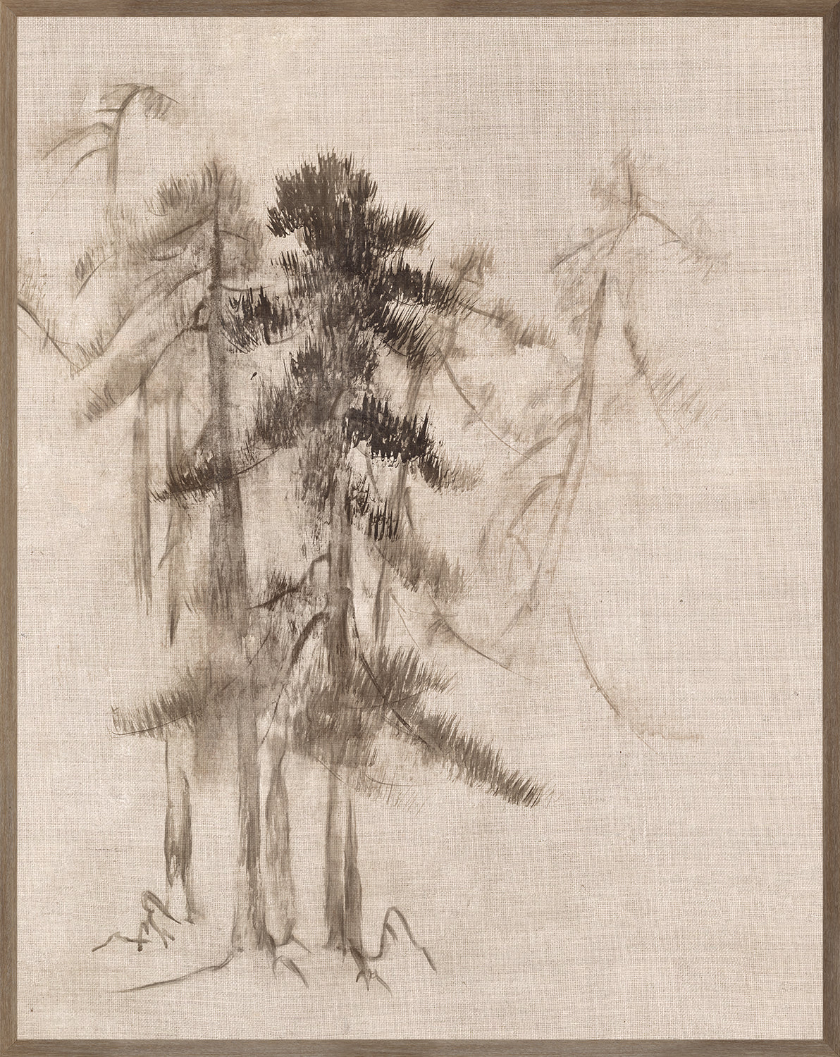Ink Wash Pines III wall art featuring ink wash trees on textured linen background.