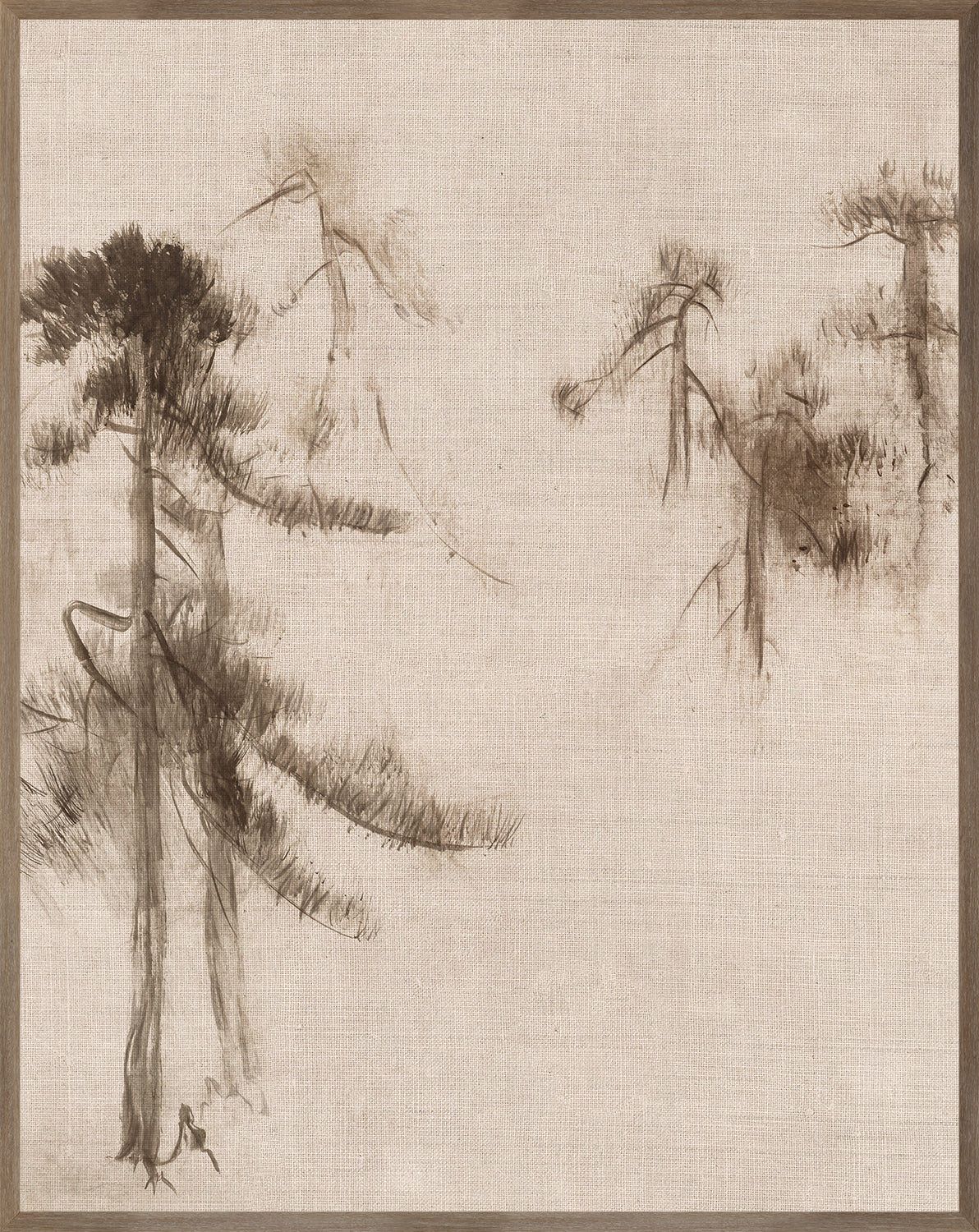 Ink Wash Pines IV wall art featuring soft brown ink trees on a textured beige background.