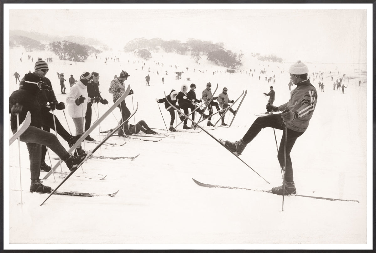 Ski Instruction C. 1966 wall art featuring a snowy ski scene with skiers in vintage attire.