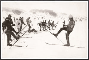 Ski Instruction C. 1966 wall art featuring a snowy ski scene with skiers in vintage attire.