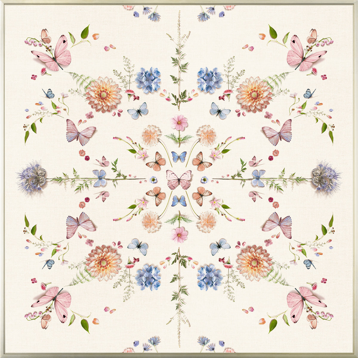 Flight Of Fancy wall art featuring a floral and butterfly design in pastel colors on a light background.