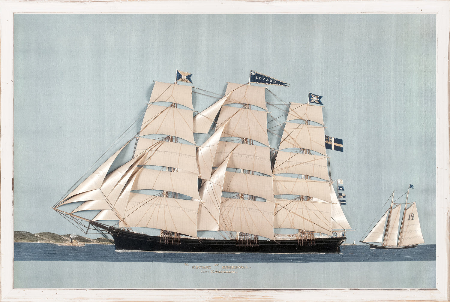 Clipper Ship – Edvard wall art featuring a detailed sailing ship with white sails on a blue background.