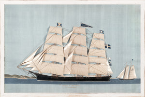 Clipper Ship – Edvard wall art featuring a detailed sailing ship with white sails on a blue background.