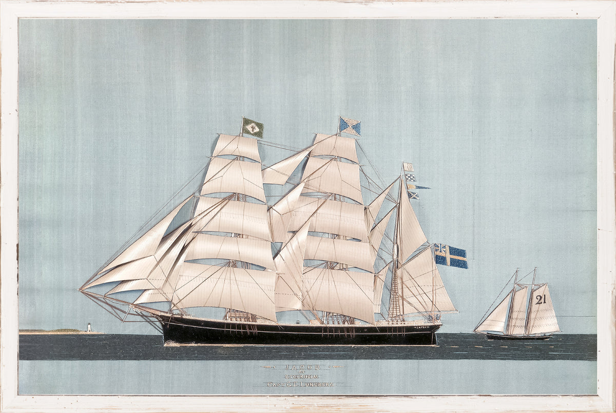 Clipper Ship – Jacob wall art featuring a detailed ship illustration with white sails and flags on a blue background.