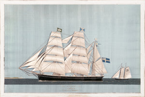 Clipper Ship – Jacob wall art featuring a detailed ship illustration with white sails and flags on a blue background.