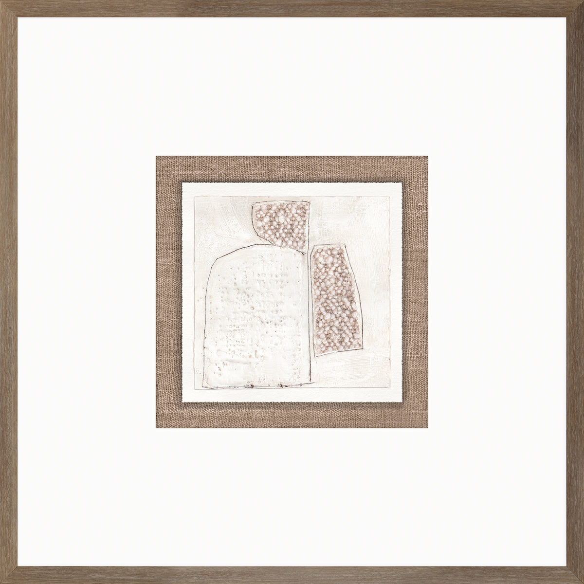 Encaustic Neutrals V wall art featuring abstract shapes in soft beige and white, framed in natural wood.
