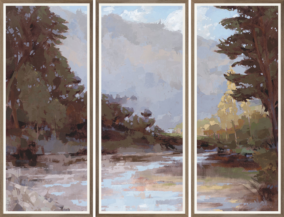 Around the Bend Triptych wall art featuring a serene river landscape with trees and soft colors.