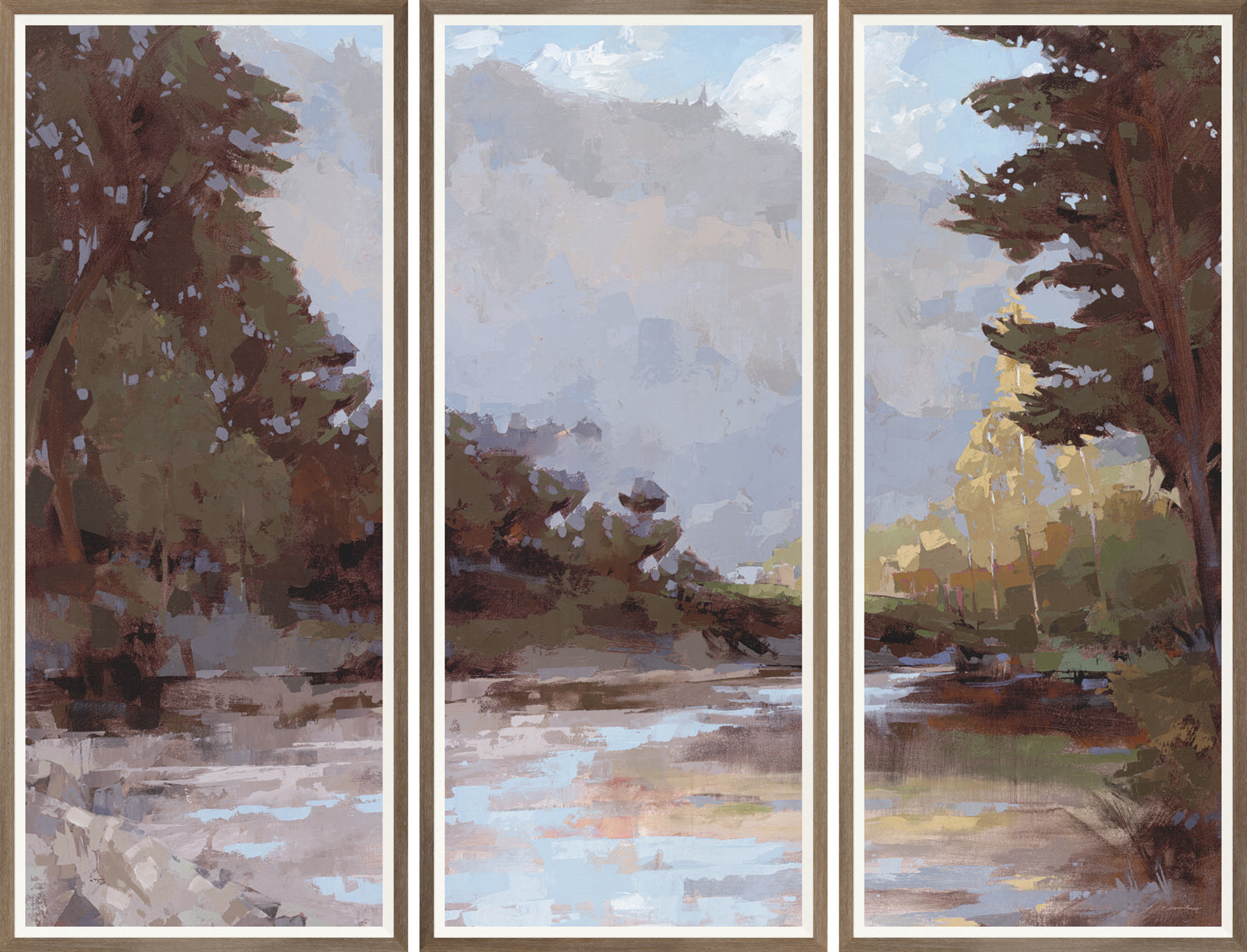 Around the Bend Triptych wall art featuring a serene river landscape with trees and soft colors.