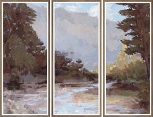 Around the Bend Triptych wall art featuring a serene river landscape with trees and soft colors.