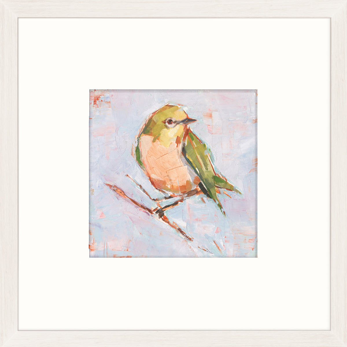 Bird Variety II wall art featuring a colorful bird perched on a branch against a soft pastel background.