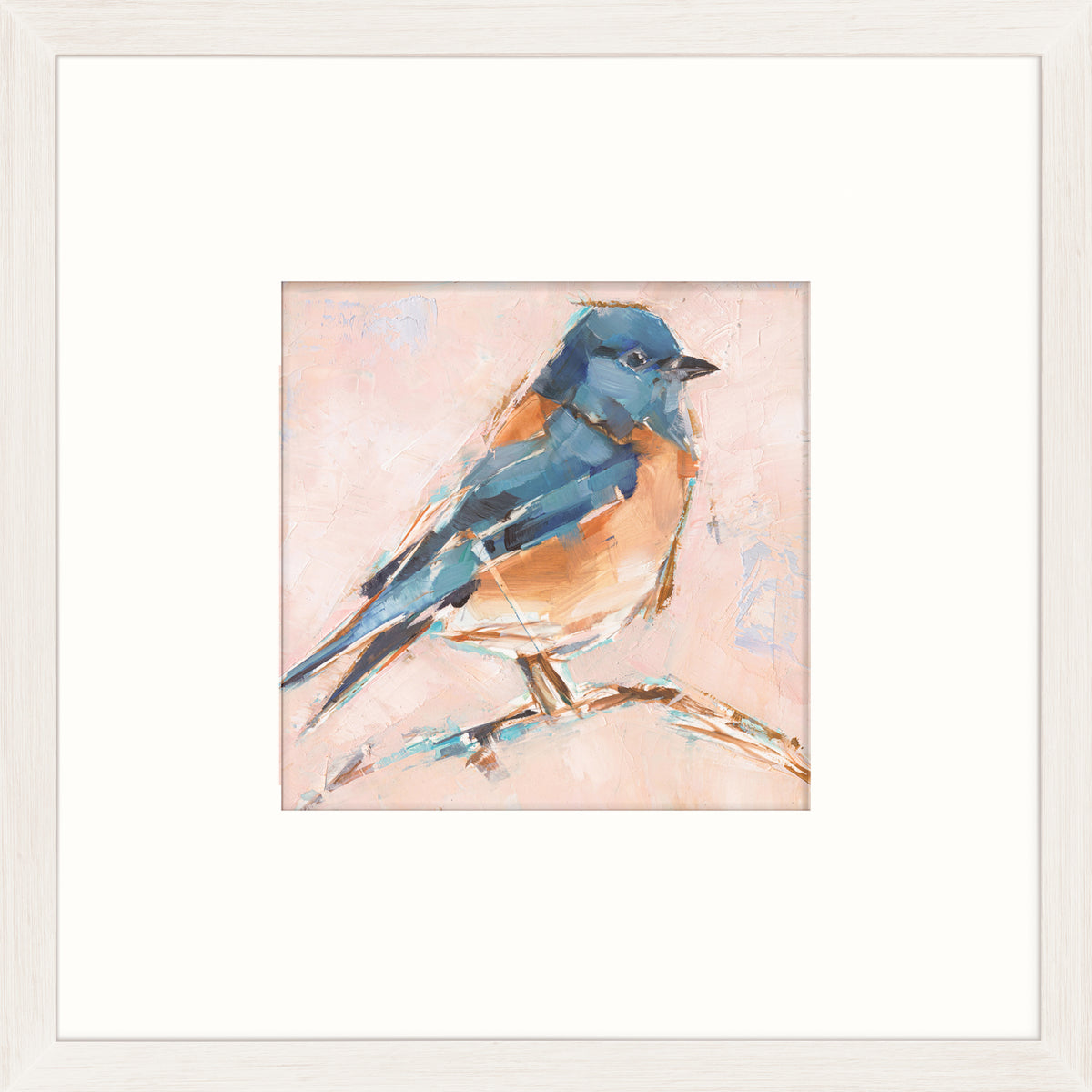Bird Variety III wall art featuring a blue and orange bird on a soft pink background.