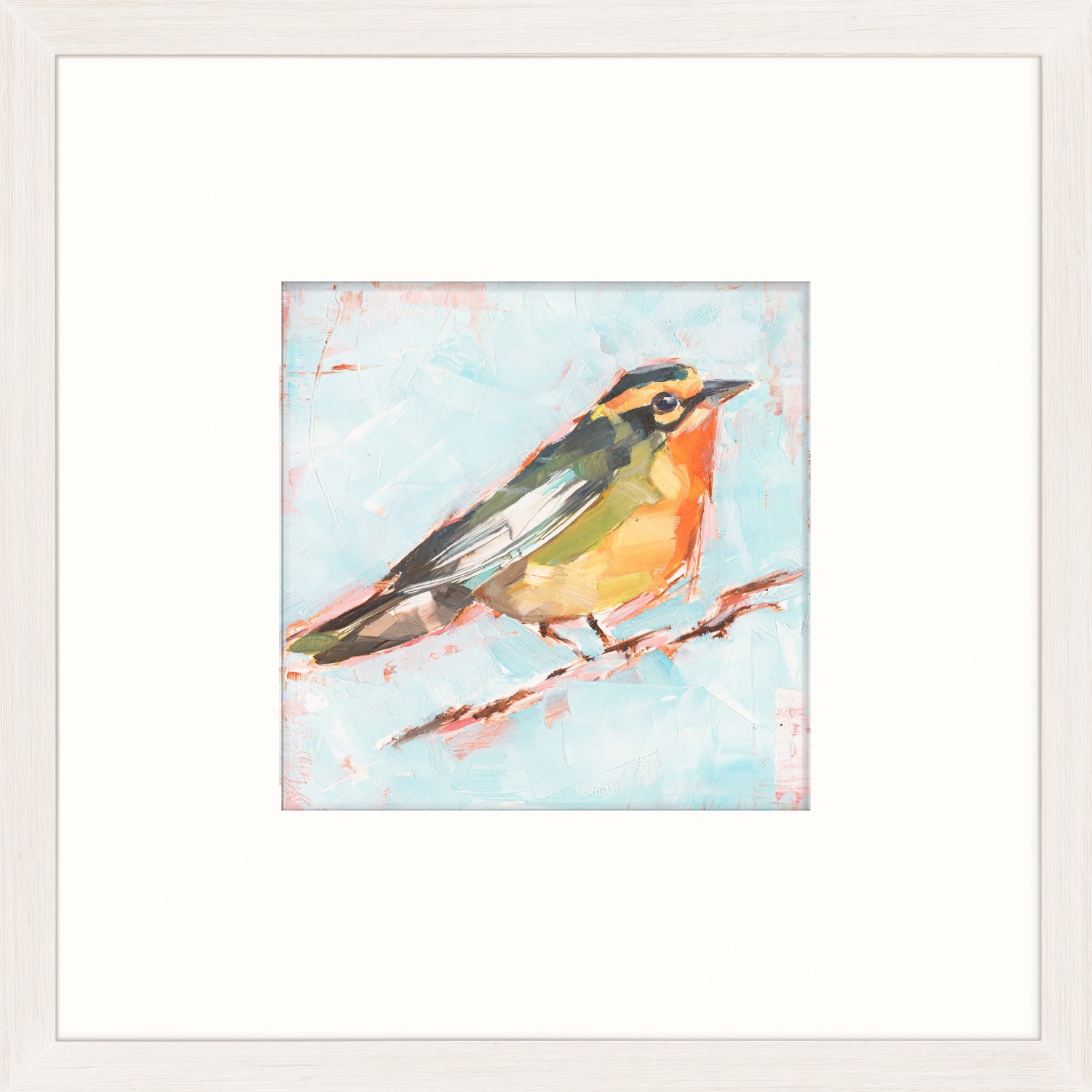 Bird Variety IV wall art featuring a colorful bird perched on a branch against a light blue background.