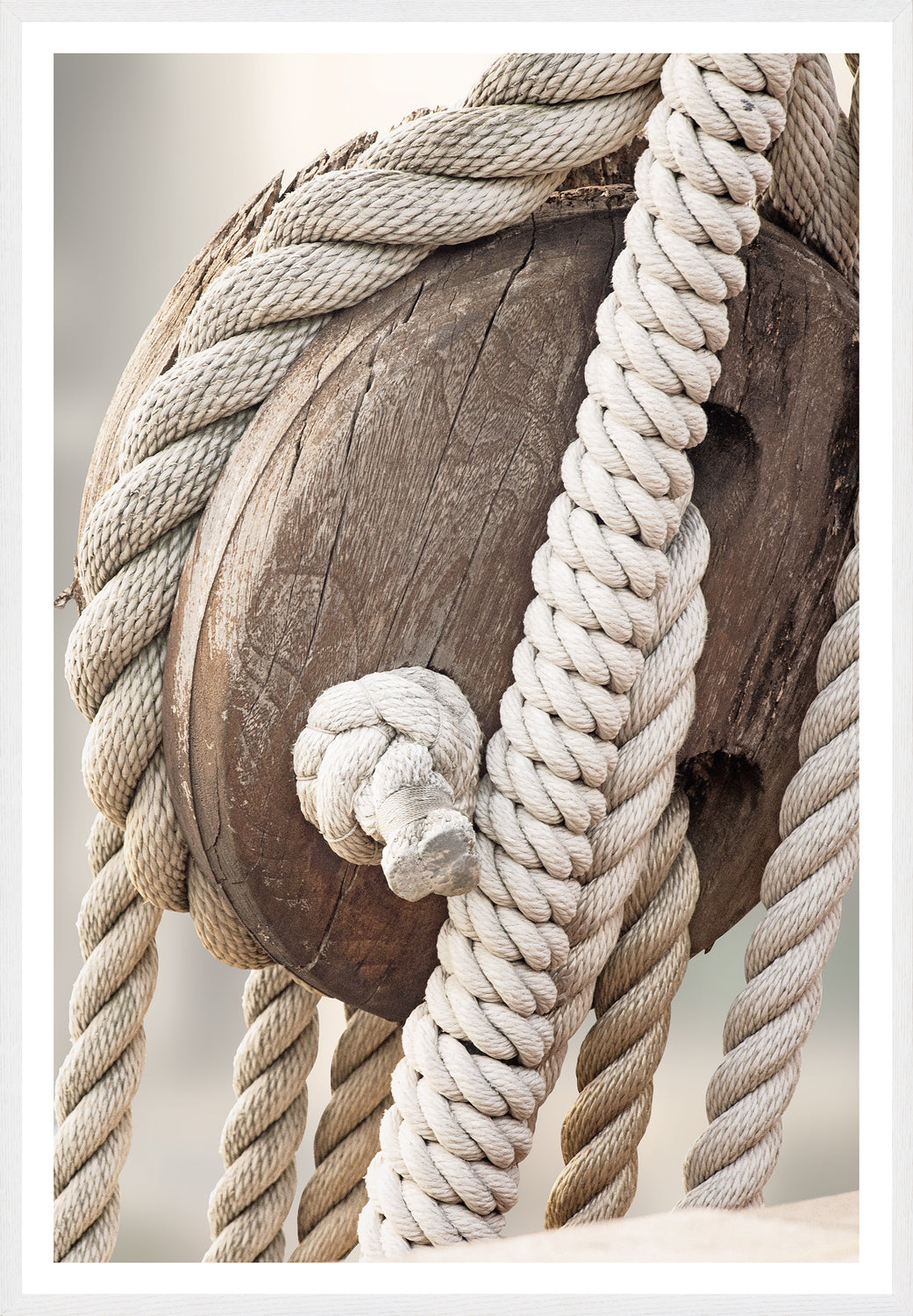 Sailing Details III wall art featuring a close-up of a wooden pulley with white ropes.