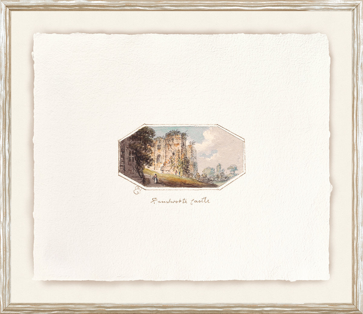 English Watercolours I C. 1790 featuring a watercolor of Ensworthy Castle, framed with a textured white background.