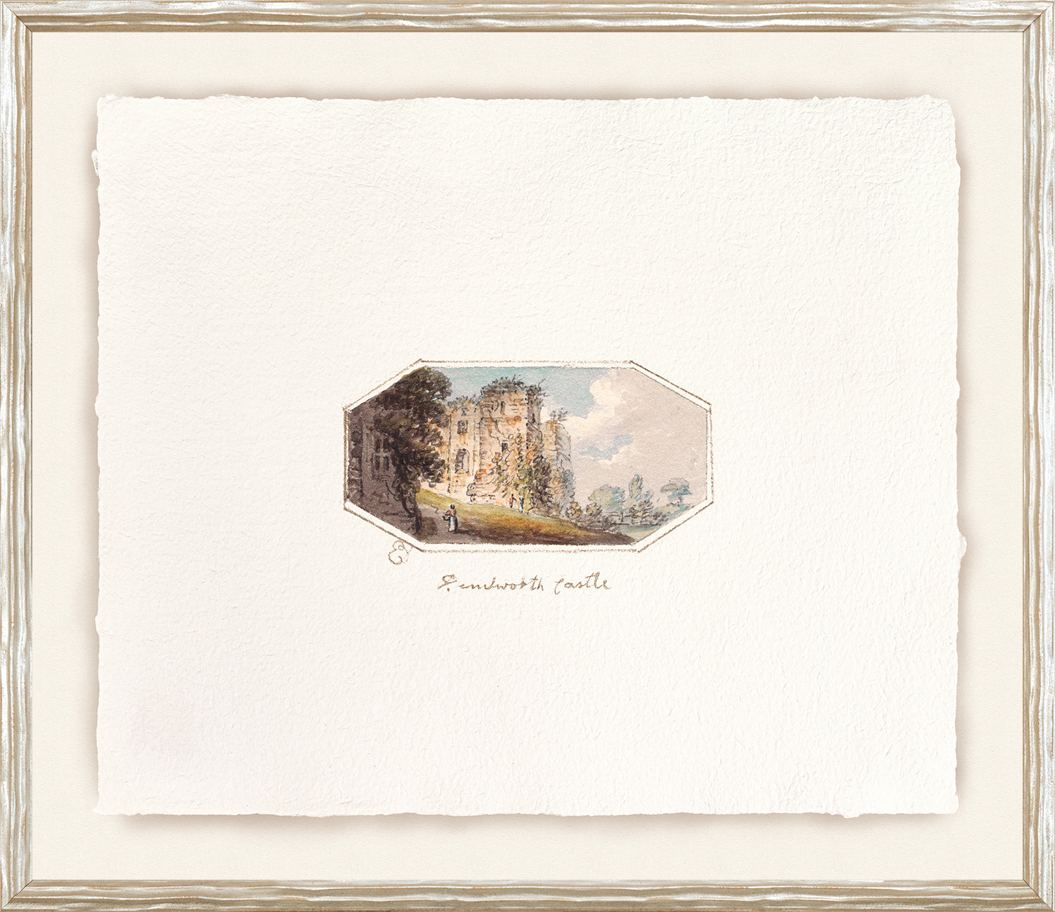 English Watercolours I C. 1790 featuring a watercolor of Ensworthy Castle, framed with a textured white background.