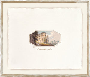 English Watercolours I C. 1790 featuring a watercolor of Ensworthy Castle, framed with a textured white background.