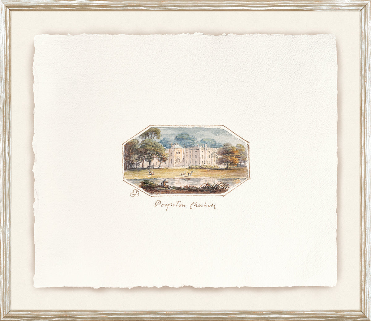 English Watercolours II C. 1790, depicting a historic building in soft colors, framed with a textured white border.