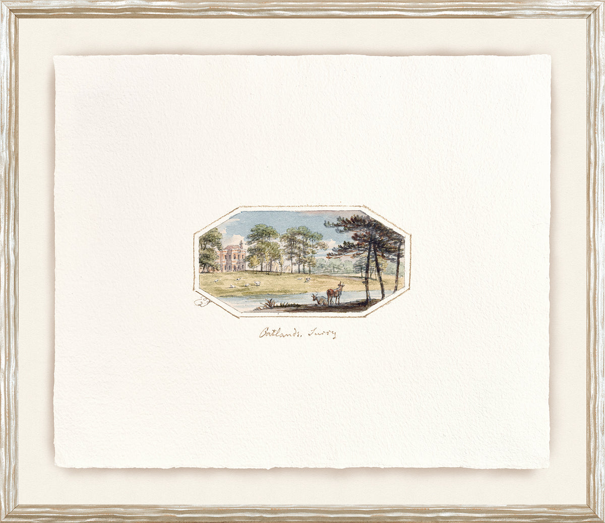 English Watercolours VII C. 1790 wall art featuring a serene landscape with trees and a building.