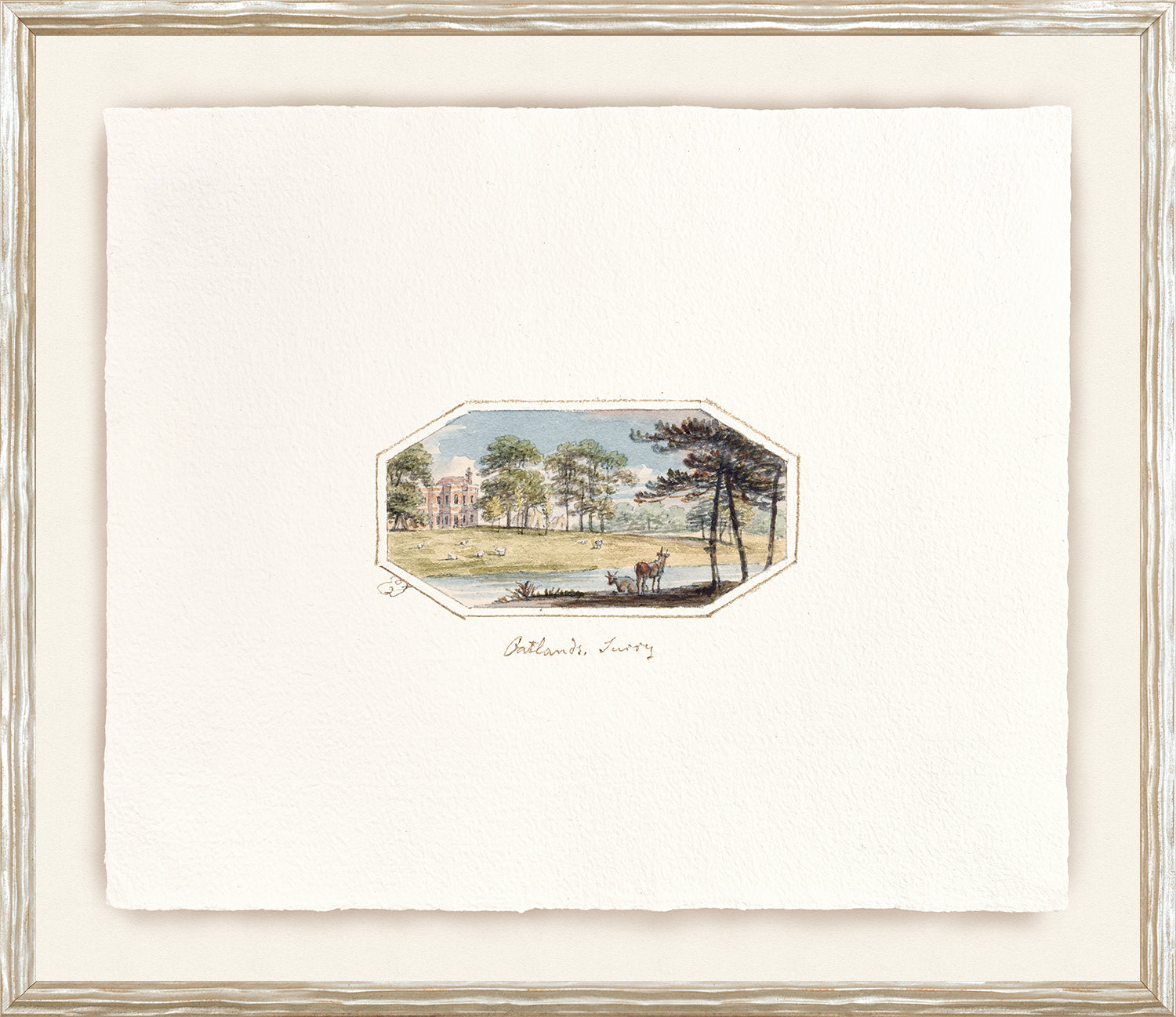 English Watercolours VII C. 1790 wall art featuring a serene landscape with trees and a building.