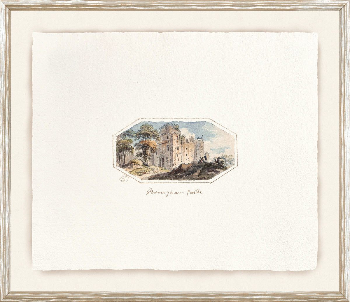 English Watercolours VIII C. 1790 featuring a watercolor of Brougham Castle, framed in a textured white border.