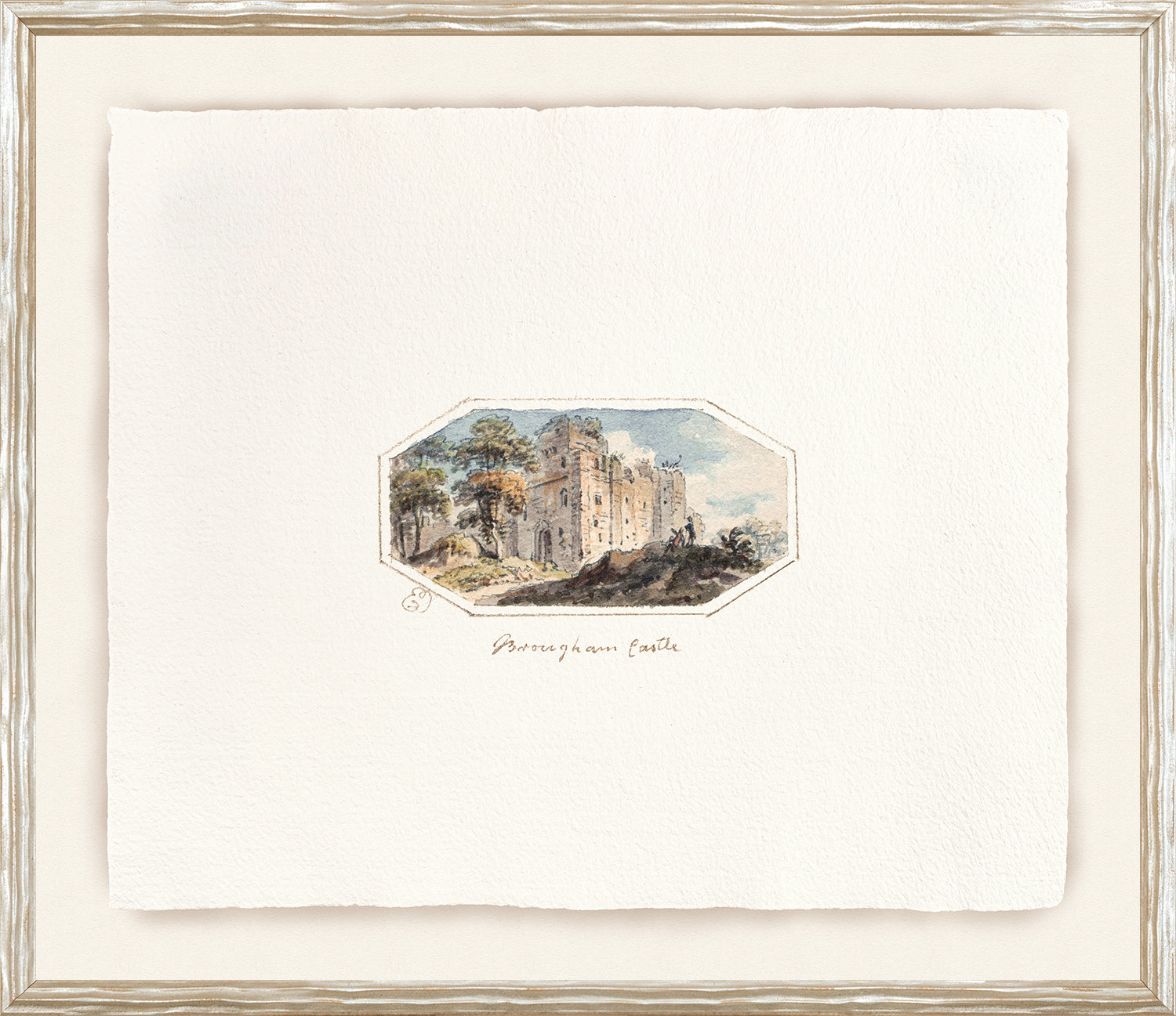 English Watercolours VIII C. 1790 featuring a watercolor of Brougham Castle, framed in a textured white border.