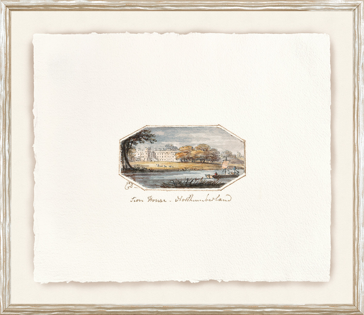 English Watercolours IX C. 1790, a watercolor scene of a house by a river with trees.