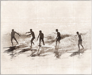 Summer Surf and Sand III C. 1966 wall art featuring silhouettes of surfers riding waves in sepia tones.
