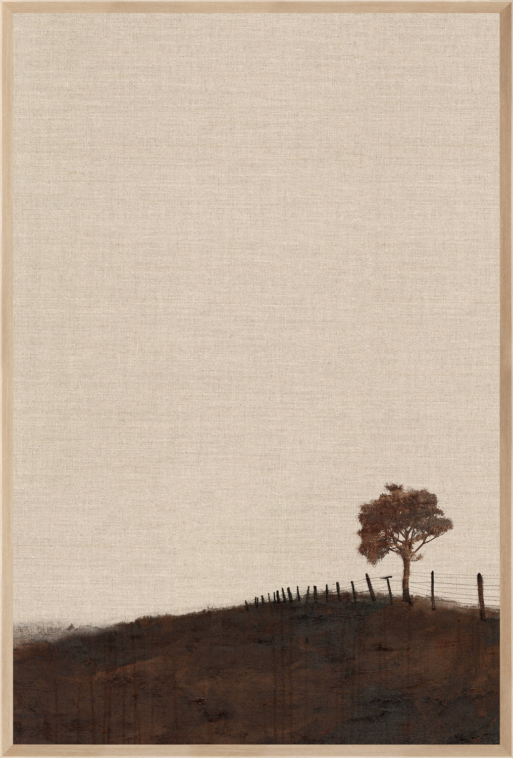 Chestnut Country II wall art featuring a lone tree and fence on a textured beige background.
